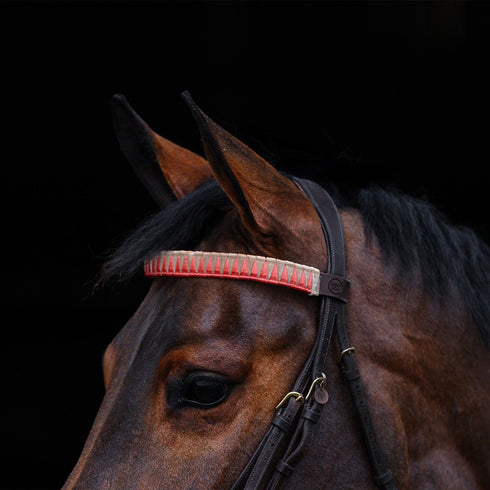 Sharktooth Horse Browband Veg. Tanned Leather - Orange/Beige Velvet